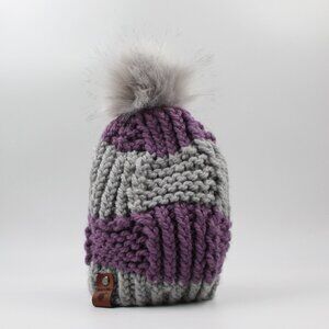 Handmade Hand Knit Purple Box Stitch Knit Hat Removable Pompom for Kids 6/10 y